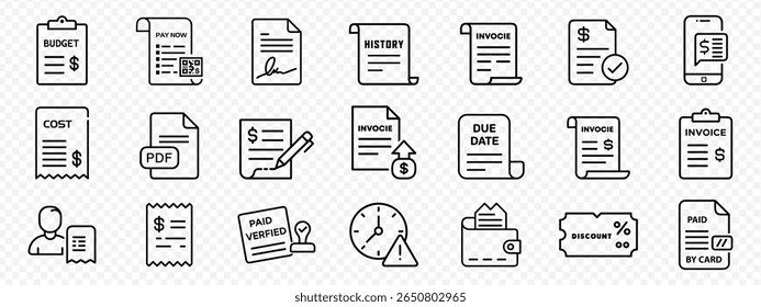 Finance and billing line vector icon set invoices, payment reminders, PDF files, signatures, receipts, discounts, icon set of financial documents including invoices, receipts, bills, budget sheets