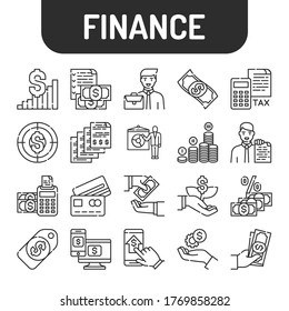 Financiar conjunto de iconos de línea negra. Gestión del dinero del sistema. Pictogramas para página web, aplicación móvil, promoción. elemento de diseño de interfaz gráfica de usuario (GUI) de UI UX. Trazo editable