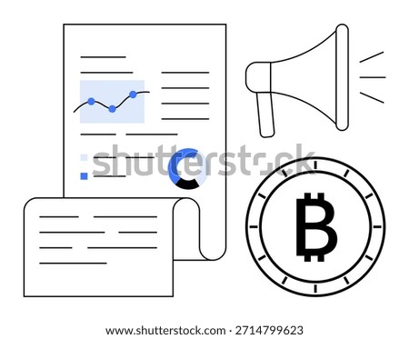 Finance, blockchain, advertising, analytics, cryptocurrency trading, modern economy. Bitcoin symbol, megaphone and documents with graphs. Finance and blockchain visualization