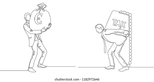 Finance budget concept. Business man with money bag and carrying tax weight. Continuous line drawing. One line drawing. Vector illustration. 