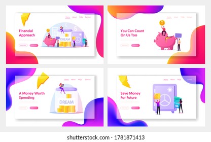 Finance Budget Landing Page Template Set. Tiny Characters Put Golden Coins into Huge Piggy Bank, Safe and Glass Jar. People Saving and Collect Money, Open Bank Deposit. Cartoon Vector Illustration