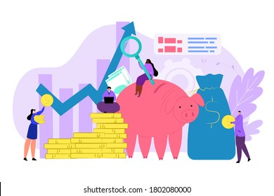 Presupuesto financiero, ilustración vectorial de concepto de diagrama de dinero. Gráfico financiero y gráfico de inversión empresarial, análisis de beneficios. Las personas planas hacen estrategia de banca en efectivo para la gestión de la economía.