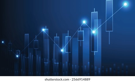 finance and business background. candlesticks chart and bar graph on blue with glowing light 