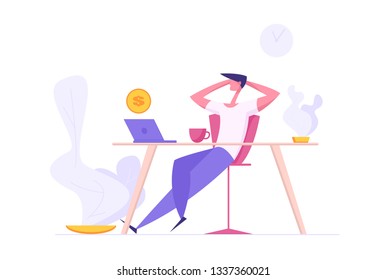 Finance Business Big Dreams Concept. Relax Businessman Sitting with Computer Dreaming About Money and Passive Income. Manager Office Workspace Background. Vector Cartoon illustration
