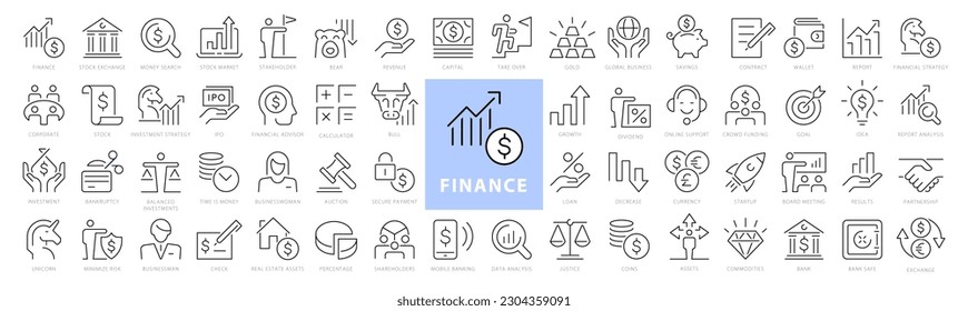 Finance and Business Black and White Line Icons Collection. Big UI outline design icon set. Thin outline icons pack. Vector illustration EPS10