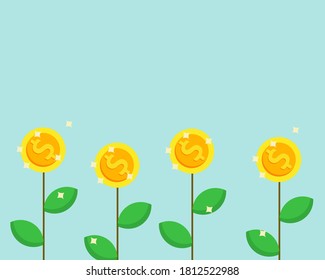 finance or business concept: There are many money flowers with dollar sign. Cartoon vector style for your design.