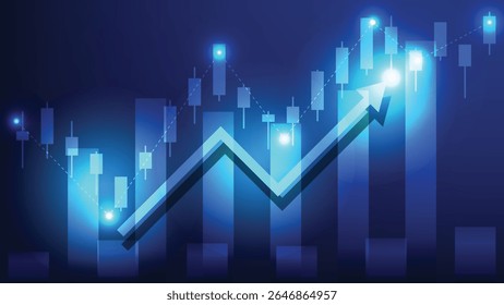 finance and business development. stock market candlesticks chart with bar graph on blue background