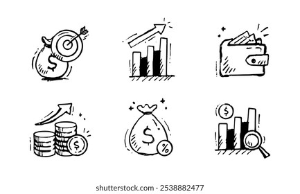 Conjunto de ícones de rabiscar de negócios financeiros. Ícone de rabisco desenhado à mão ilustração de moeda, poupança, objetivo financeiro, imposto, banco, orçamento, investimento. Ícone de traçado de estrutura de tópicos de negócios