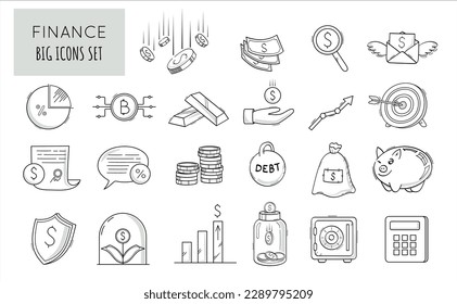 Finance and business doodle line icons collection. Money, cryptocurrency, dollar, piggy bank, contract, etc. Vector illustration.