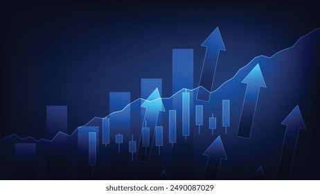 gráfico de barras y gráfico de candelabros con flecha hacia arriba sobre fondo azul