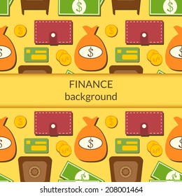 Finance business economics background with objects in flat style and central space for text