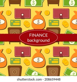 Finance business economics background with objects in flat style and ribbon and label for text