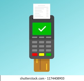 Finance and Business Flat Illustration  POS Terminal, Credit Card and Receipt on Blue Background. Payment approved, success tick symbol Check Mark green