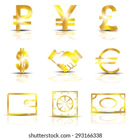 Finance. Business. Golden signs with shadow on a white background. Vector Image.