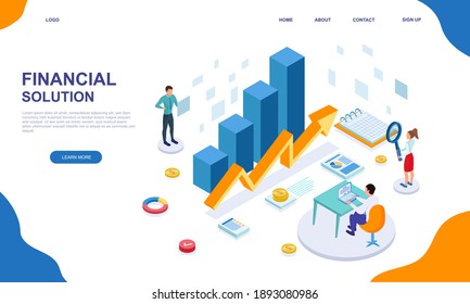 Finance and business graph of economics. People working on statistic and sales for financial management. Website, web page, landing page template. Isometric cartoon vector illustration