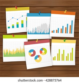 finance business graph with pushpin on wooden board. Vector illustration.