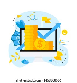 Finance and Business growth blue arrow. Dollar coins with growth arrow. Finance concept.	