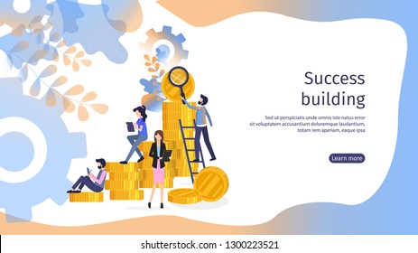 Finance Business Growth Teamwork Abstract Banner. Financial Team Plan for Economy Profit. Economy Structure Wealth Element of Coin Pile Conceptual Flat Cartoon Vector Character Illustration