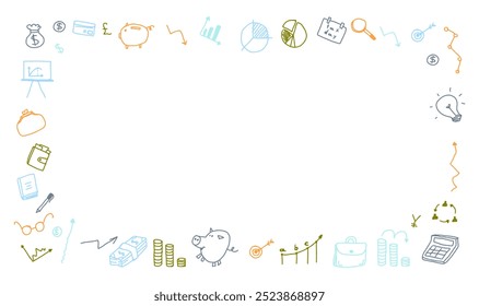 finance and business horizontal background with line art icons. Hand drawn doodle frame for messages set. business doodle vector illustration.