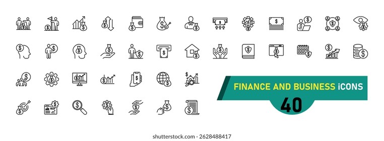 Coleção de ícones Finanças e Negócios, com traçado editável. Conjunto de ícones da linha fina Finanças e Negócios. Ilustração vetorial.