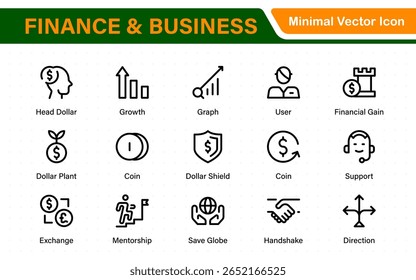 Paquete de iconos de finanzas y negocios en estilo de contorno plano. Incluye iconos vectoriales de píxeles perfectos para la gestión de dinero, planificación financiera, impuestos, comercio electrónico y estrategia Corporativa.


