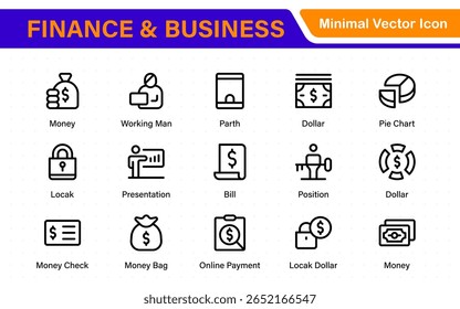Paquete de iconos de finanzas y negocios en estilo de contorno plano. Incluye iconos vectoriales de píxeles perfectos para la gestión de dinero, planificación financiera, impuestos, comercio electrónico y estrategia Corporativa.

