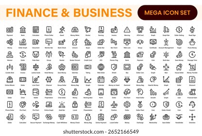 Paquete de iconos de finanzas y negocios en estilo de contorno plano. Incluye iconos vectoriales de píxeles perfectos para la gestión de dinero, planificación financiera, impuestos, comercio electrónico y estrategia Corporativa.


