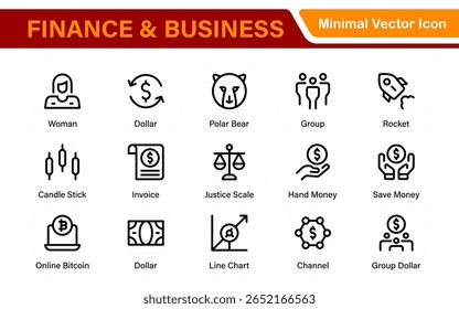 Finance and Business Icon Pack in Flat Outline Style. Includes Pixel-Perfect Vector Icons for Money Management, Financial Planning, Taxation, E-Commerce, and Corporate Strategy.

