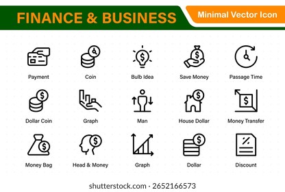 Paquete de iconos de finanzas y negocios en estilo de contorno plano. Incluye iconos vectoriales de píxeles perfectos para la gestión de dinero, planificación financiera, impuestos, comercio electrónico y estrategia Corporativa.


