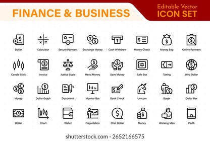 Paquete de iconos de finanzas y negocios en estilo de contorno plano. Incluye iconos vectoriales de píxeles perfectos para la gestión de dinero, planificación financiera, impuestos, comercio electrónico y estrategia Corporativa.

