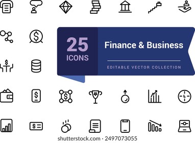 Finance and Business icon pack. Set of line icon related to income, salary, money, business. Minimalist thin linear web ui icon set. Simple editable vector stroke illustration.