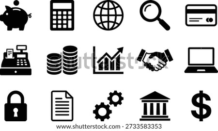 Finance and business icon set with 16 black line symbols for money, technology, and global operations design content