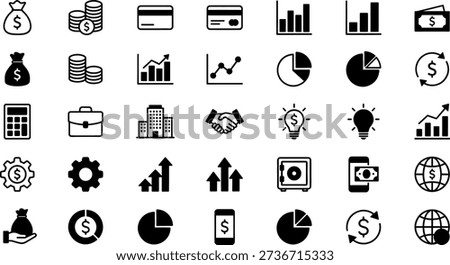 Finance and business icon set with 35 black line symbols for money, strategy, and economic data design content.