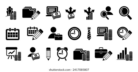 Juego de iconos de Finanzas y Negocios. Conteniendo préstamos, efectivo, ahorro, objetivos financieros, beneficios, presupuesto, fondos mutuos, dinero de ingresos e íconos de ingresos. Colección de iconos sólidos.