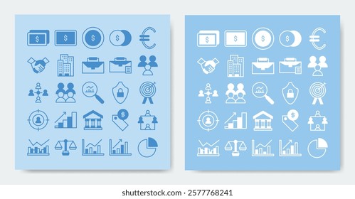 finance and business icon set. containing bank, building, cash, chart pie, chart, coin dollar and more. vector icons collection