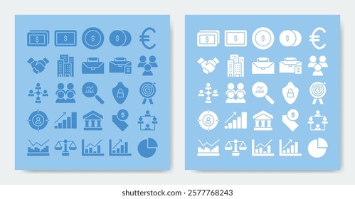 finance and business icon set. containing bank, building, cash, chart pie, chart, coin dollar and more. vector icons collection