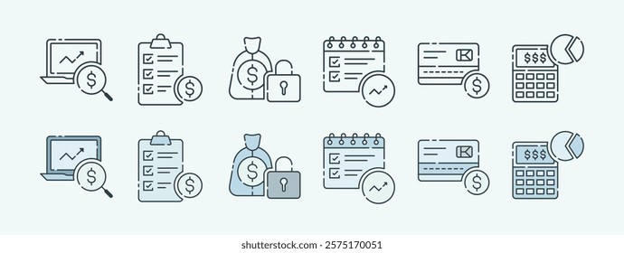 Finance and Business Icon Set Featuring Analytics, Budgeting, and Security with Outline and Color Variations