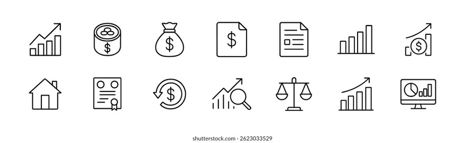 Finance, business icon set. Featuring charts, documents icon. Vector outline icons