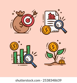 Finance business icon set. Hand drawn cartoon doodle icon illustration of dollar coins, financial target, accounting analysis, and investment. Business outline stroke icon.