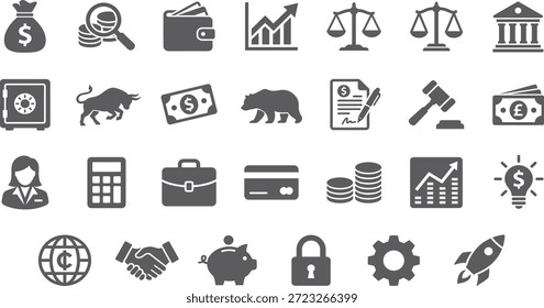 Conjunto de iconos de finanzas y negocios, Ilustración vectorial de dinero, banca, inversión, economía, startup, innovación, legal, seguridad, crecimiento