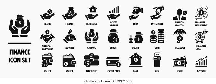 Finance and business icons collection. featuring essential financial elements like Money, cash, bank, check, saving, profit, investment, budget, payment, wallet. Vector illustration EPS10
