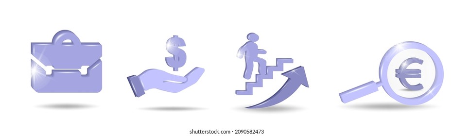 Finance  and business icons  in pinkish-violet colour colors. Business Icons, money signs. Finance business concept. 3D vector illustration