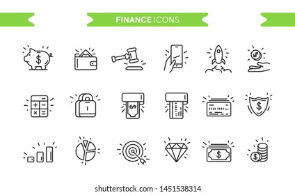 Finance, business icons set isolated. Line art. Editable. Signs and symbols. Modern simple style. Phone, piggy bank, money, start up, coin, graphic, pig, diamond. Flat style vector illustration.