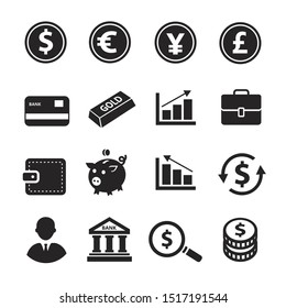 Finance and business icons set with piggy bank credit cards bag of money and dollar sign.