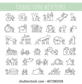 Finance and business icons set of sketch working little people with arrow, money, currency. Doodle cute miniature scenes of workers.Hand drawn cartoon vector for business, finance design, infographic.