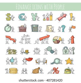 Finance and business icons set of sketch working little people with arrow, money, currency. Doodle cute miniature scenes of workers. Hand drawn cartoon vector for business, finance design,infographic.