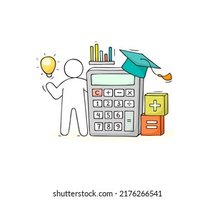 Finance business idea concept with calculator and light bulb. Vector hand drawn illustration of economy knowledge, financial analytics with doodle man, calculator and lamp