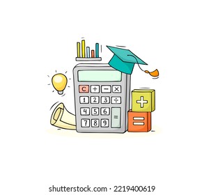 Finance business idea concept with calculator and light bulb. Vector hand drawn illustration of economy knowledge, financial analytics with lamp idea, graph, paper, calculator