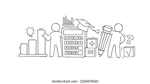 Finance business idea concept with calculator and light bulb. Vector hand drawn illustration of economy knowledge, financial analytics with doodle people, pencil, graph, calculator and lamp