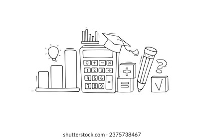 Finance business idea concept with calculator and light bulb. Vector hand drawn illustration of economy knowledge, financial analytics with doodle  pencil, graph, calculator and lamp